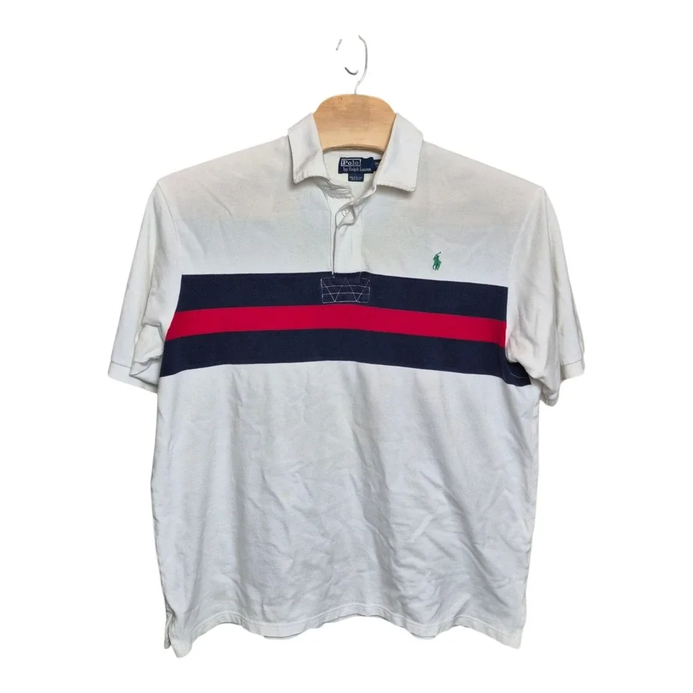 VTG Polo Ralph Lauren Mens 2XLT Rugby Polo Shirt White Striped Cotton